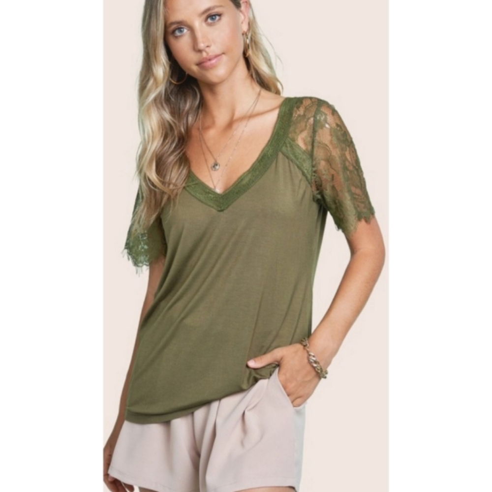 ❗ CLEARANCE ❗Olive Lace Sleeve Stretchy Green Short Sleeve V Neck Lacey Tee
